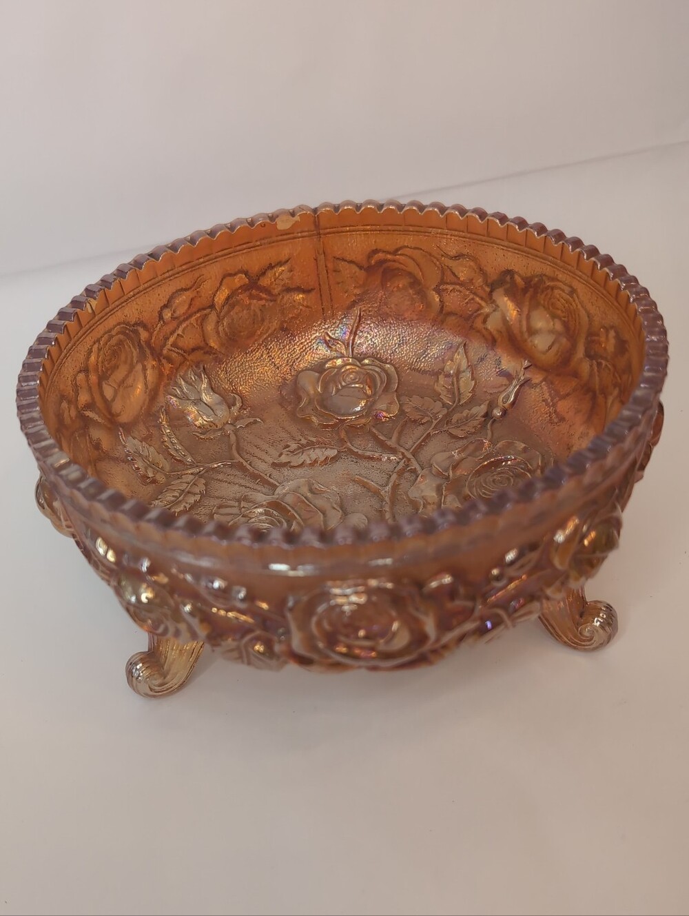 Vintage Imperial Glass Marigold Carnival Glass Bowl W/ Open Rose Pattern